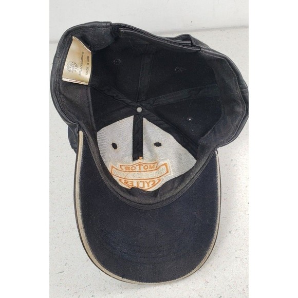 VINTAGE Black Leather Harley-Davidson Motor Cycles Patch Adjustable Hat Cap - Picture 6 of 11
